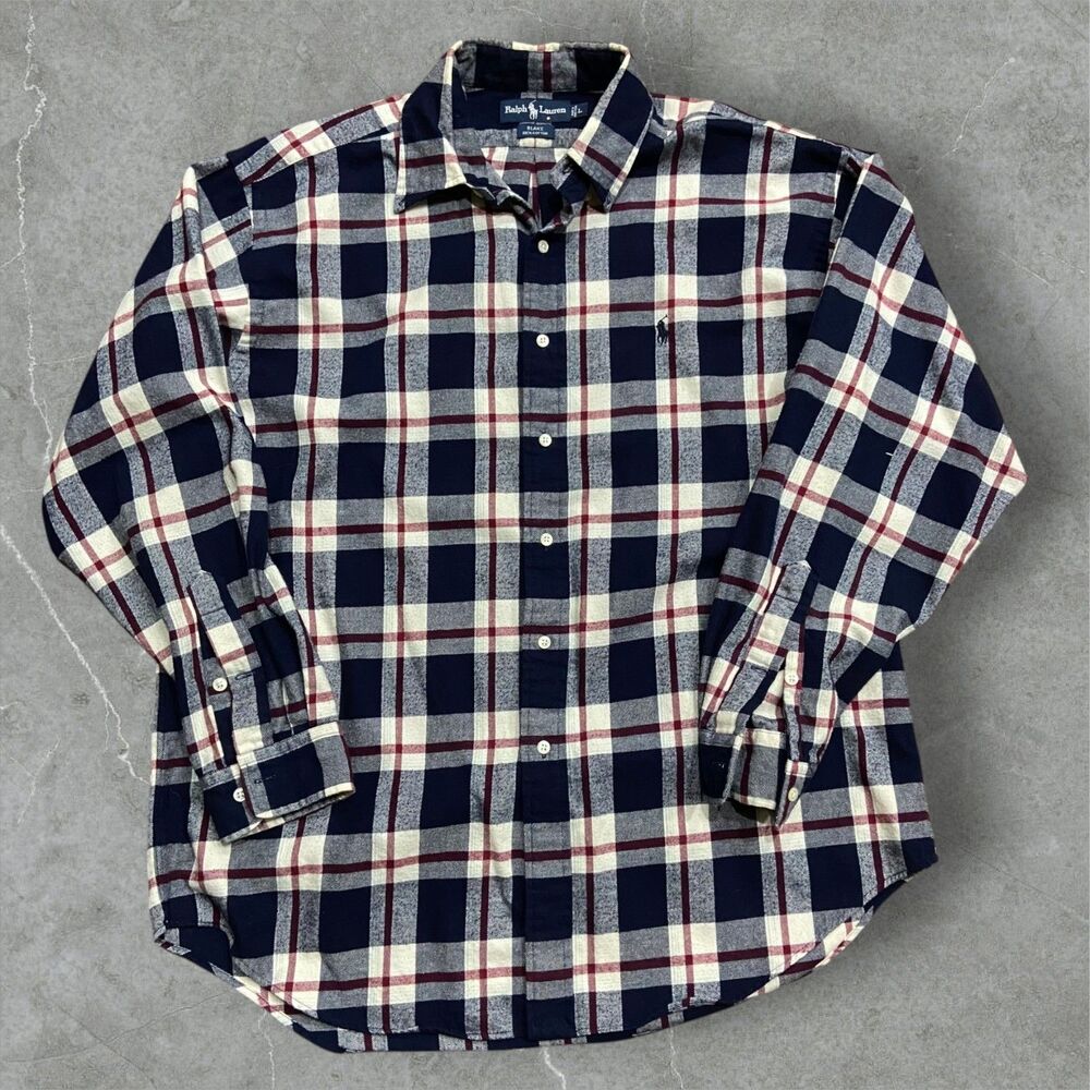 Polo Ralph Lauren Vintage 80s Blake Flannel Button Up Navy Plaid Shirt Mens L